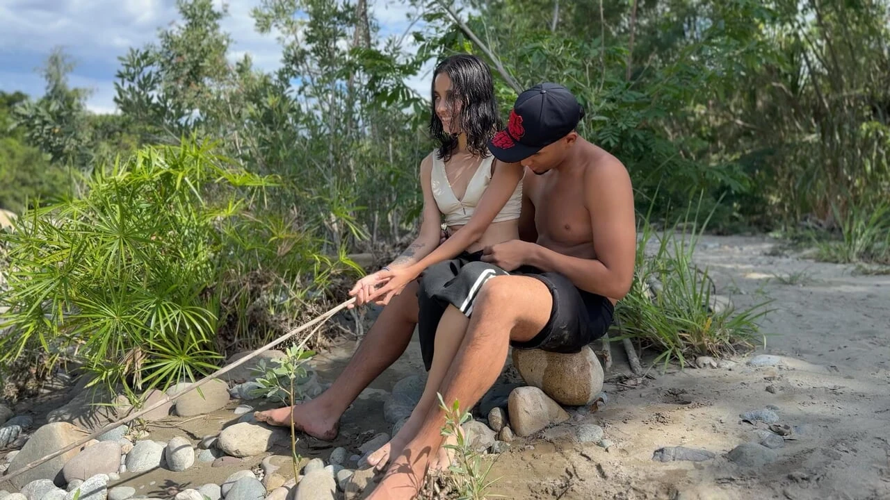 OUTDOOR SEX. I teach young Latina how to fish and then fuck her and cum in her pussy