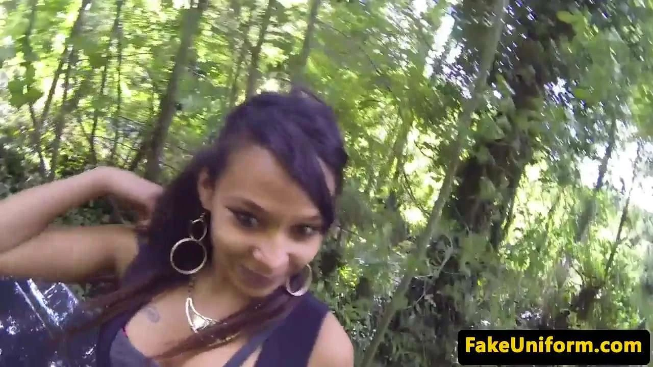 Pulled ebony fucked outdoors by uniformed guy