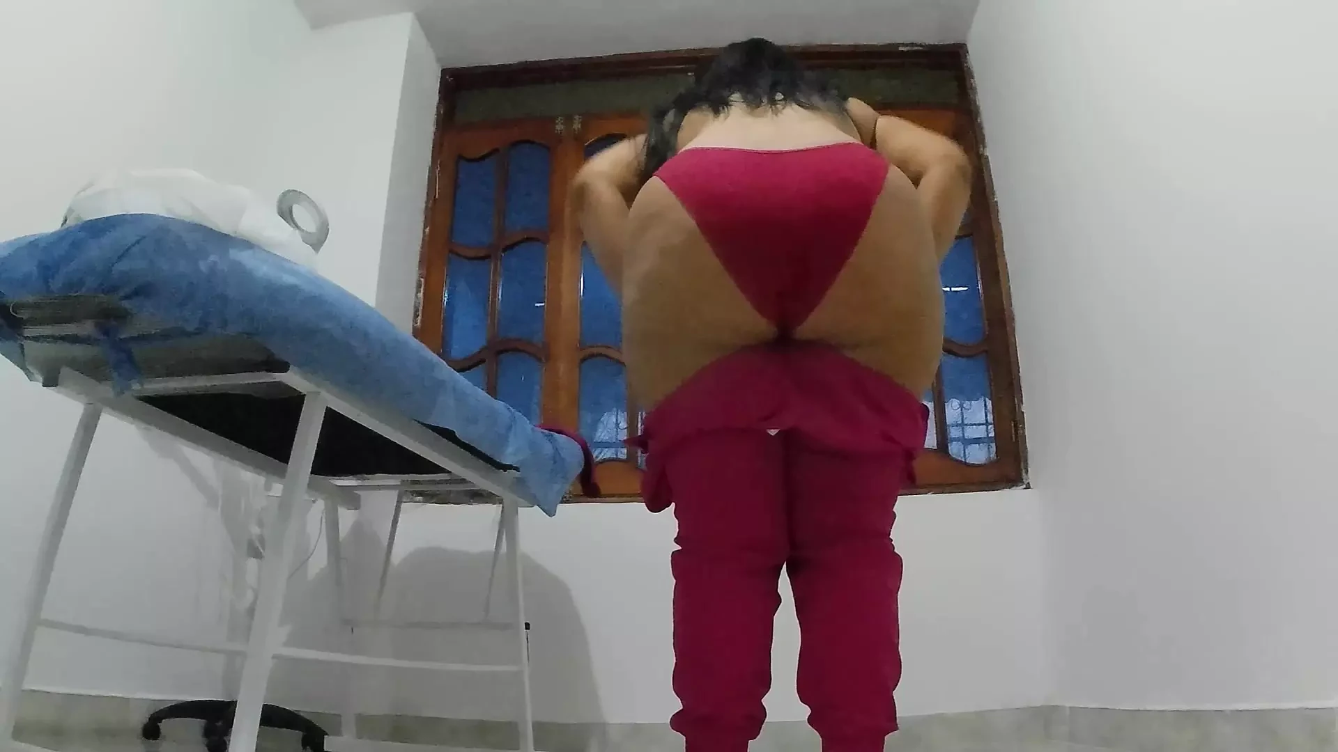 Nurse trying on underwear