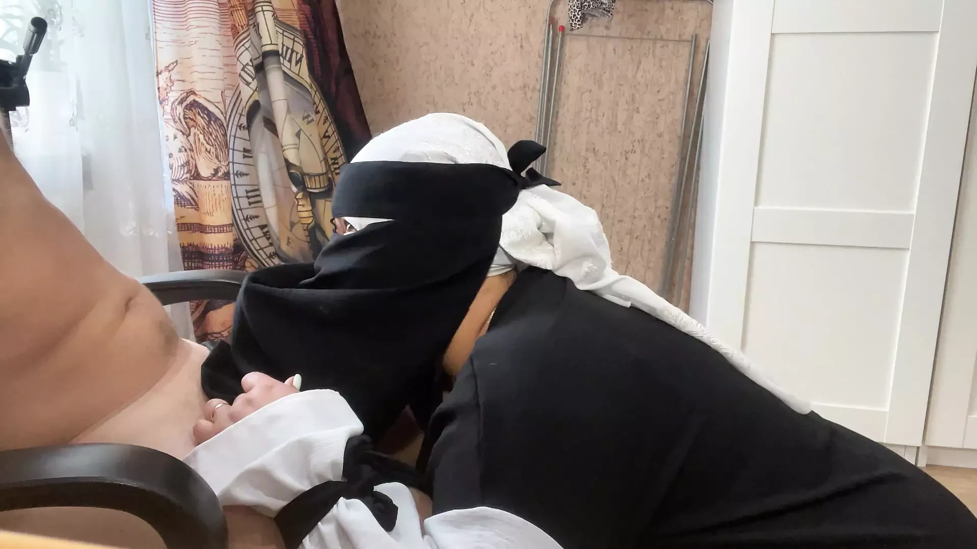 Aziza was talking on the phone, but when she saw a naked penis, she hung up and gave herself to him