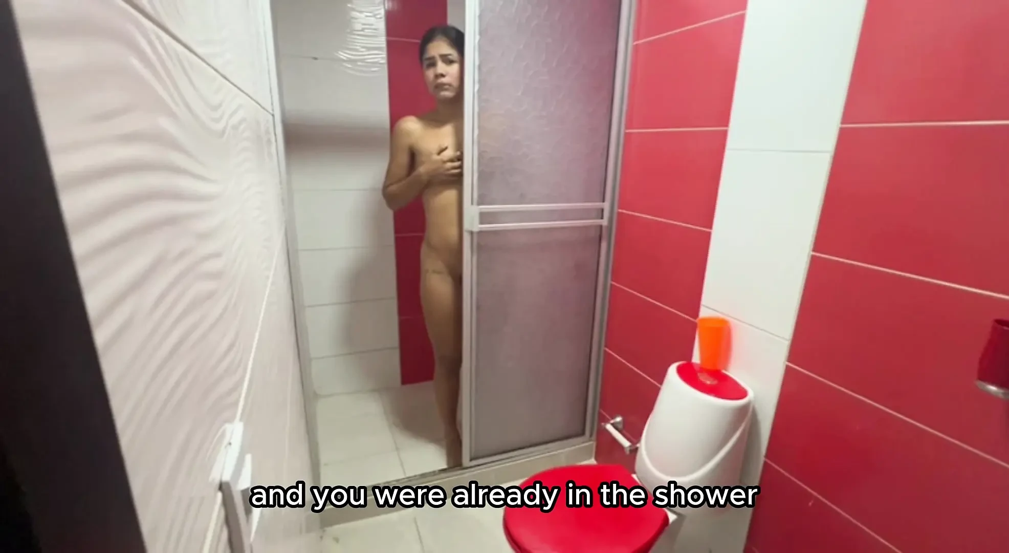 I catch my sister-in-law in the shower and cum in her mouth. english