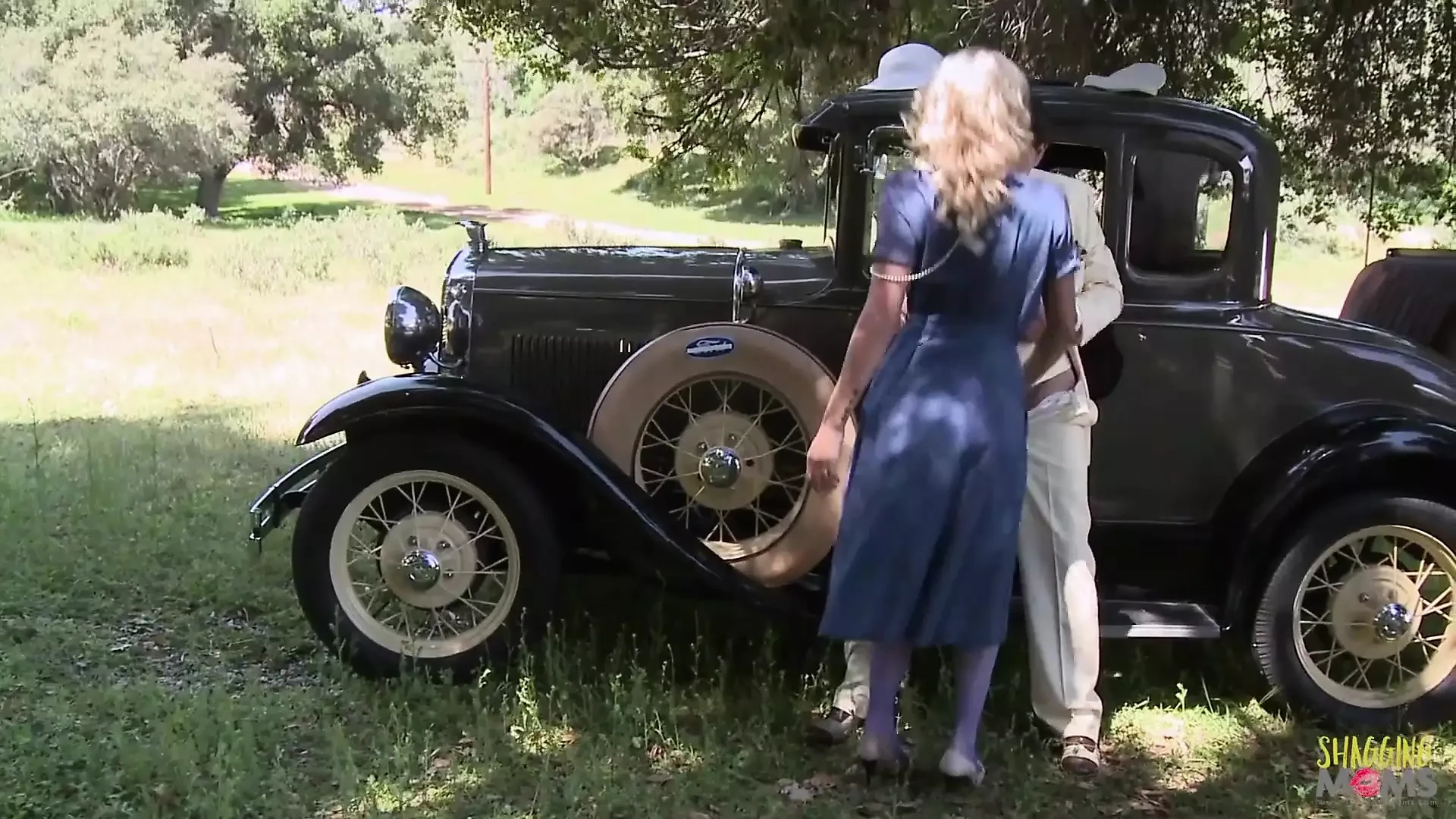 A blonde lady seduced him outdoors and rode his cock in her sexy lingerie