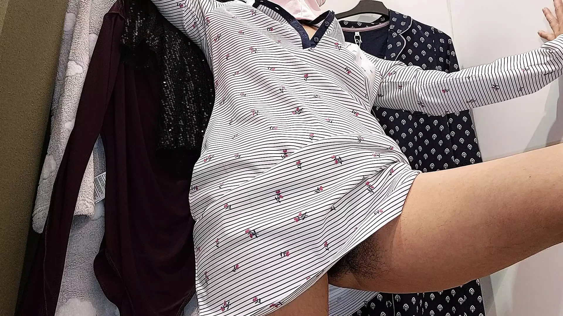 Amateur wife trying on clothes. hairy pussy, sexy brunette, big ass, sexy clothes, panties, socks, shorts, pantyhose