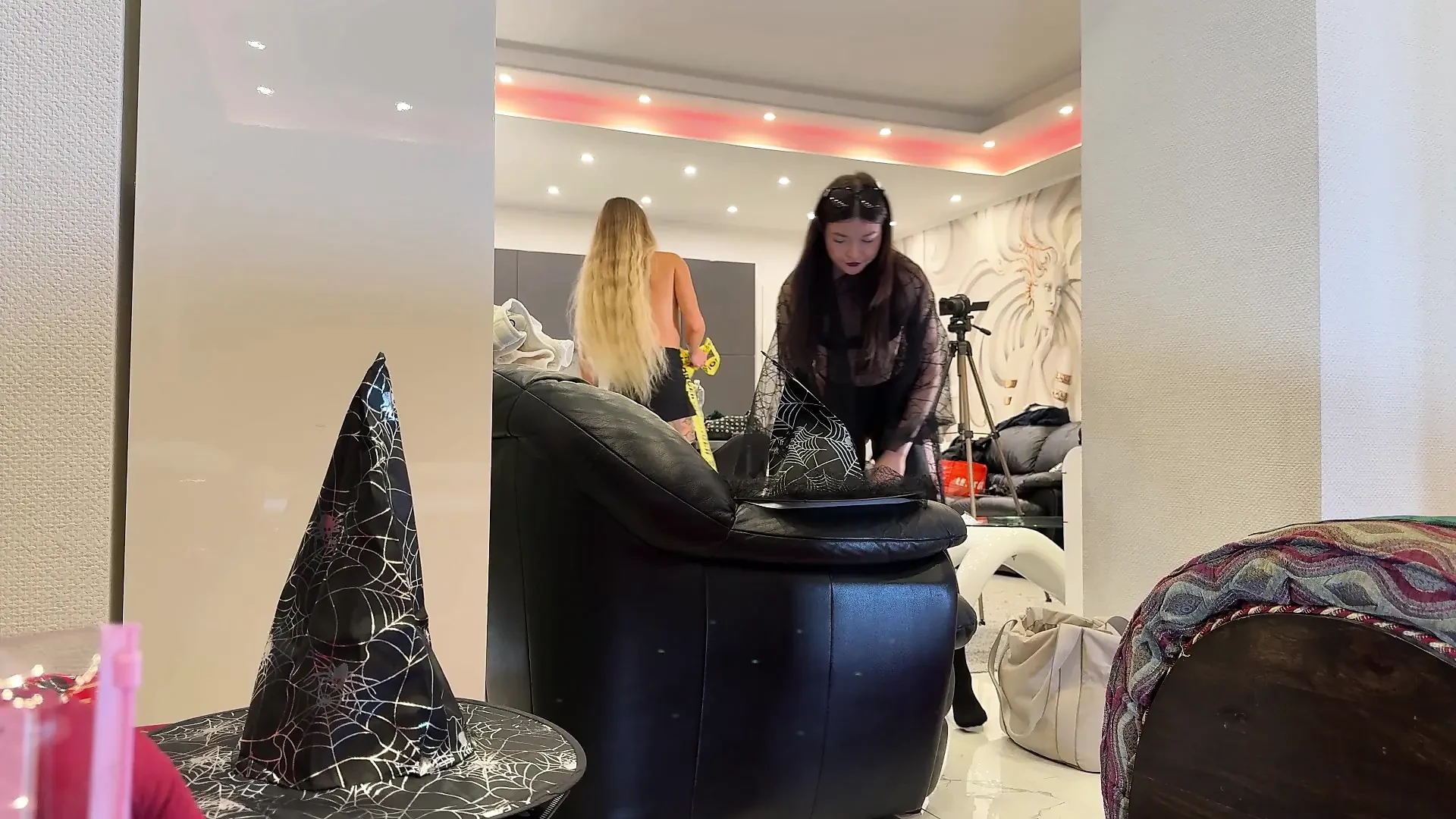 Halloween sluts in festival costumes give a big dick guy a sloppy handjob with balls massage and cock teasing