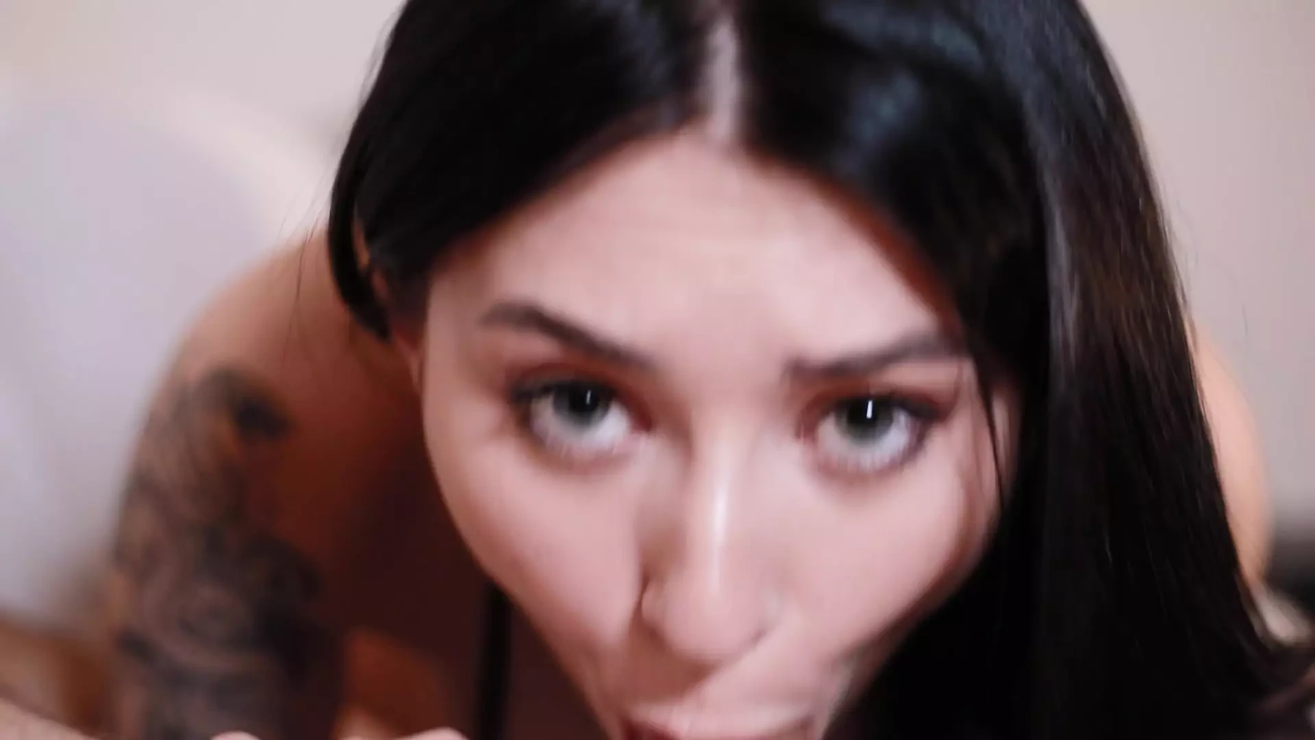 Cute 18 year old brunette gives a sensual blowjob with tongue and swallows all the cum with a dick