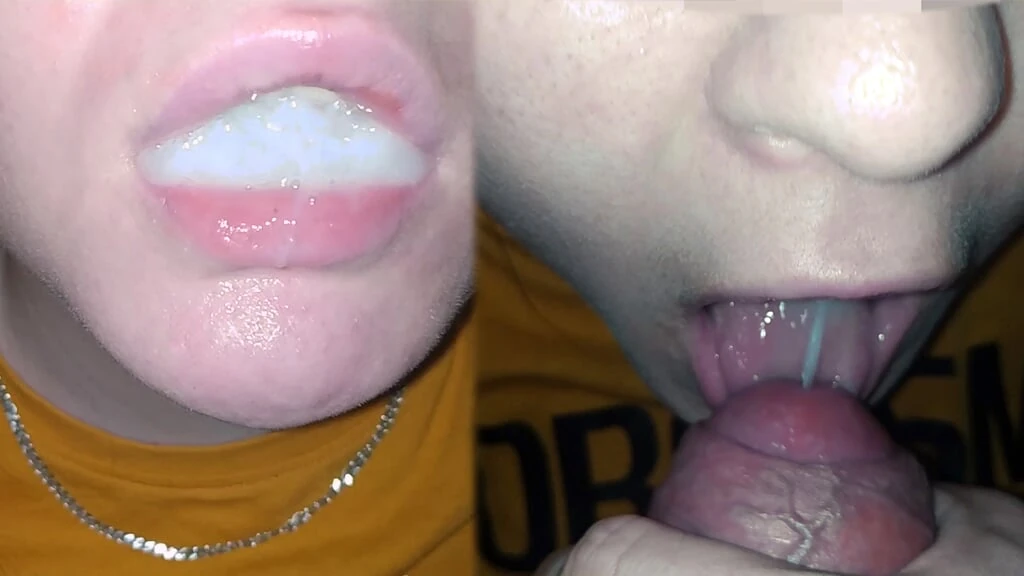 Swallowing mouthful of cum – close-up