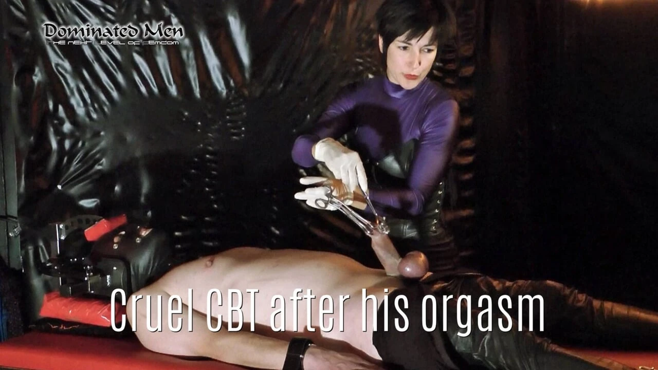 Cruel CBT after his orgasm – Mistress have no mercy with his dick