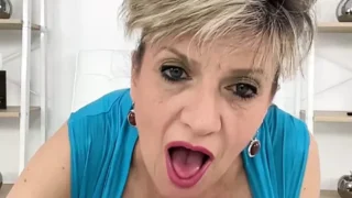 Solo busty Gill Ellis Young aka Lady Sonia gives dildo handjob