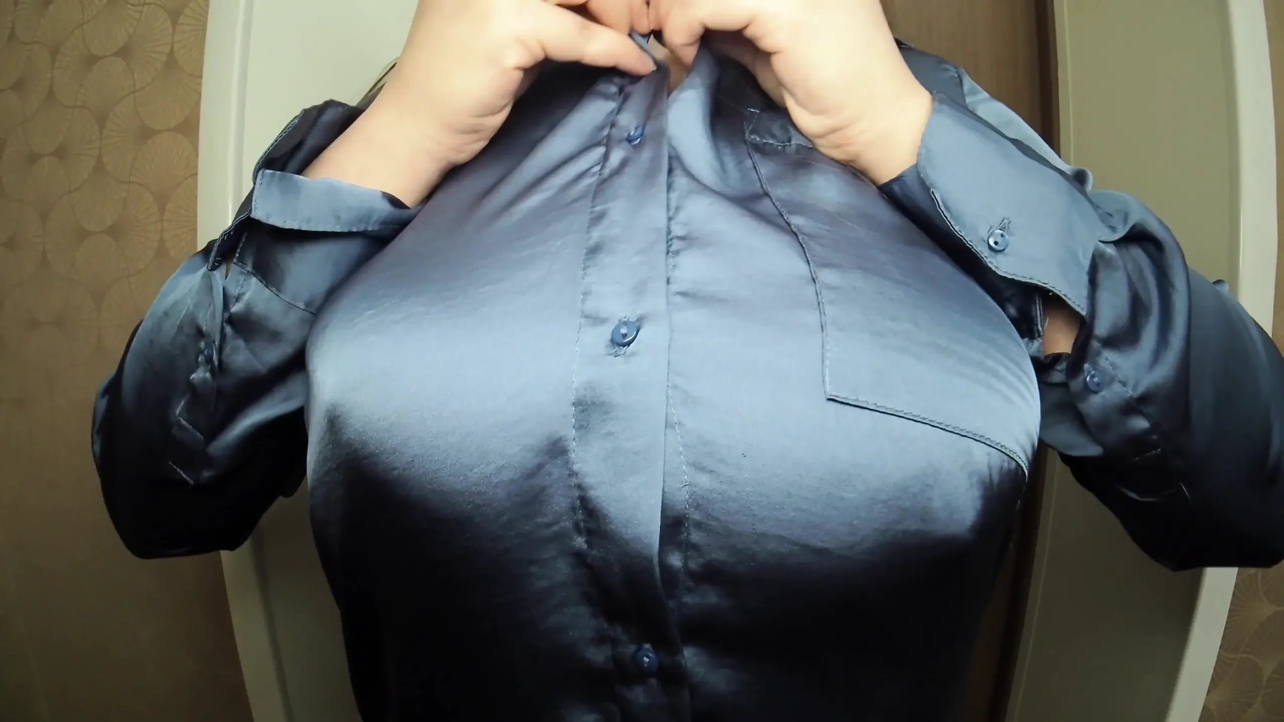 Big Bouncing Boobs in Blue Satin Blouse, Tits Teasing