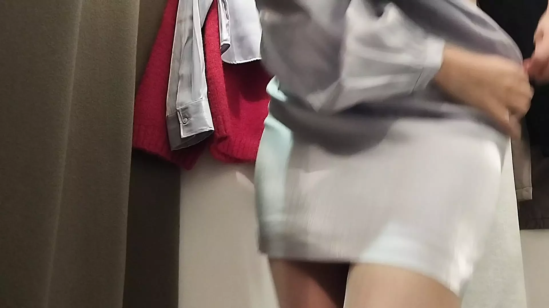 Sexy brunette tries on clothes in fitting room. I'm looking at a hairy, hairy pussy, big tits, big ass.