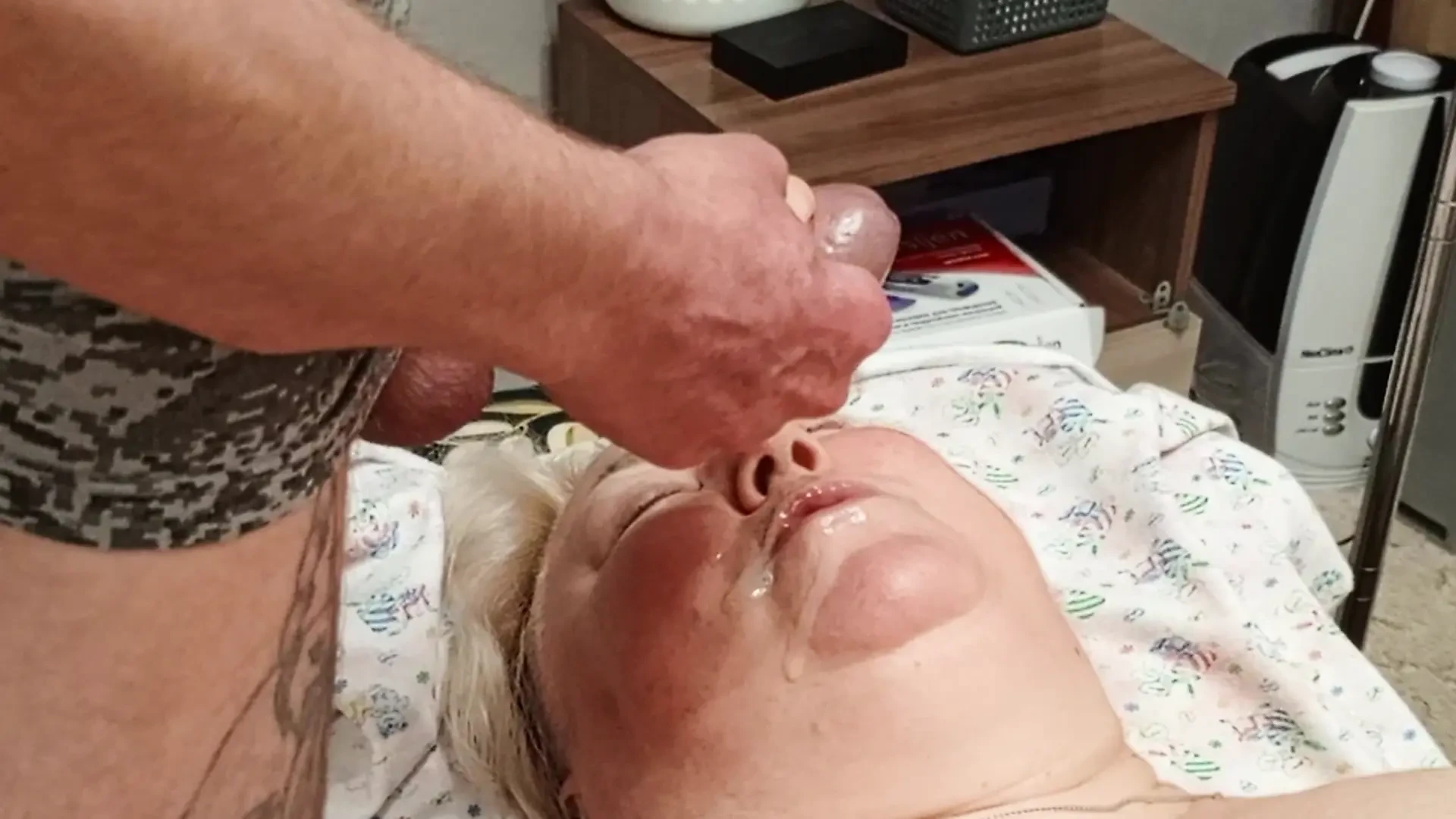 Neighbor gets a mouthful of cum after I jerk off my dick