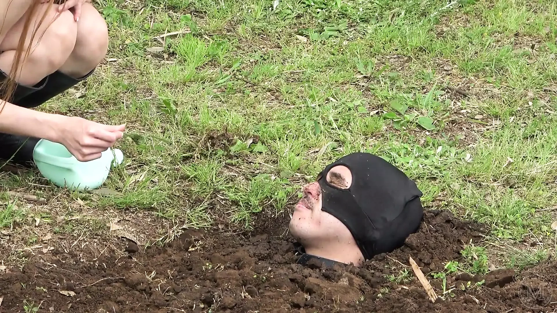 Mistress Ties Slave to a Tree in the Forest and Whips, Then Leaves in the Ground with Only Head Exposed, Ignoring Overnight