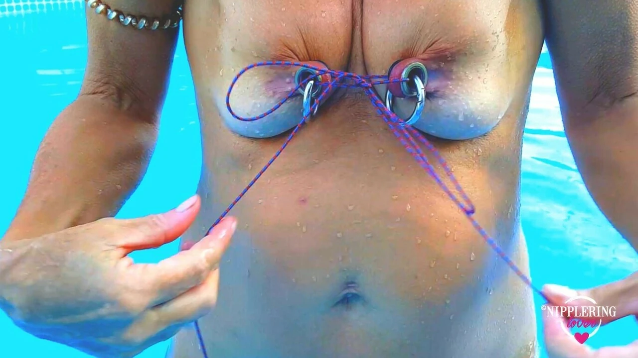 nippleringlover – horny milf does self nipple bondage in pool, pierced nipples bound with string pulled hard