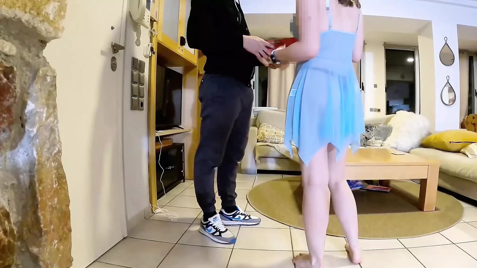 Surveillance camera slutty wife cheating on her husband while alone at home with the pizza delivery guy, delivery guy sex,