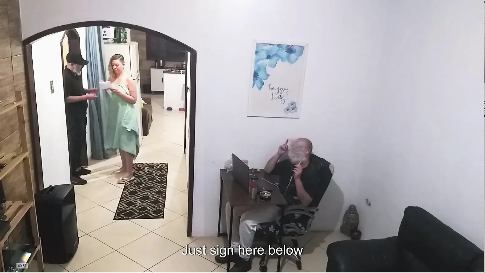 While the Husband Works, the Wife in a Towel Greets the Delivery Man